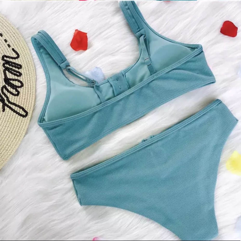 SOLD OUT CLEARANCE Teal Blue Ribbed Button Up Bikini Swimsuit - Picture 3 of 3